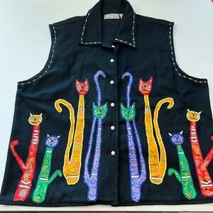 New Direction Woman - 2x, black wool embroidered “cat” vest
